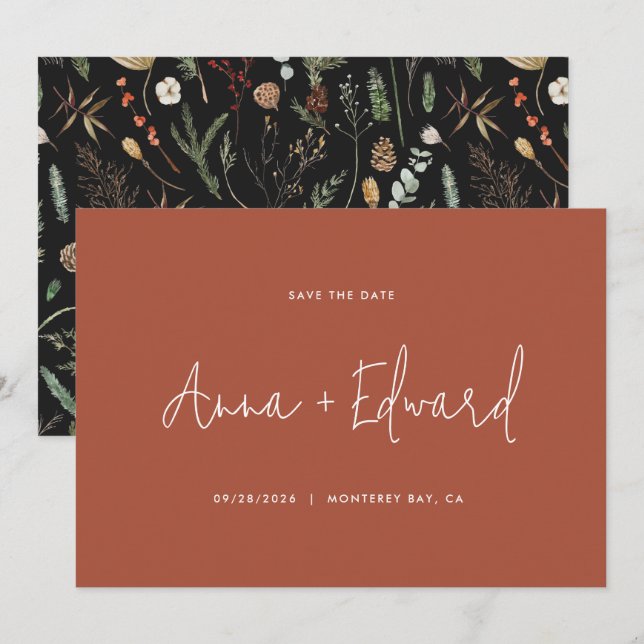  Wedding watercolor botanical black terracotta  Save The Date (Front/Back)