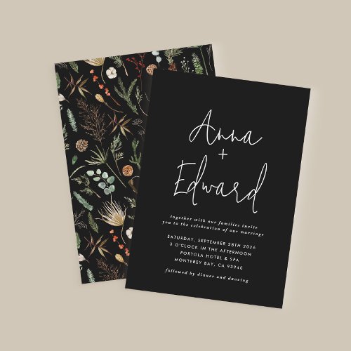  Wedding watercolor botanical floral black modern  Invitation