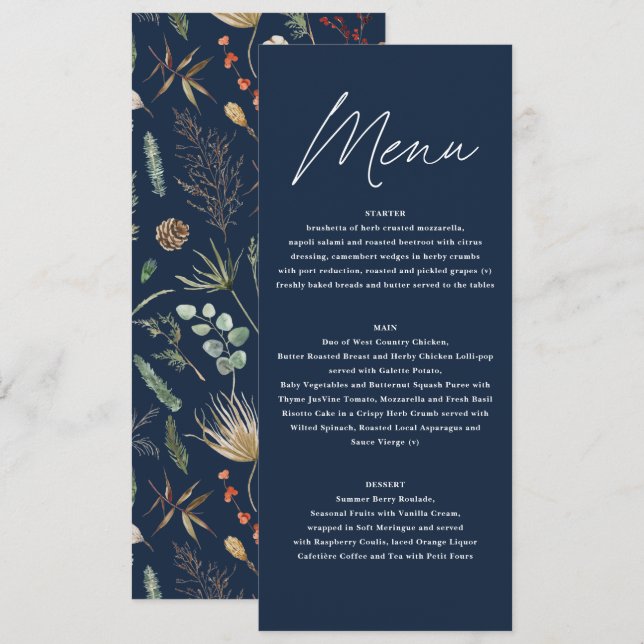  Wedding watercolor botanical floral navy blue Menu (Front/Back)
