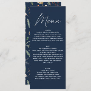 Wedding watercolor botanical floral navy blue Menu