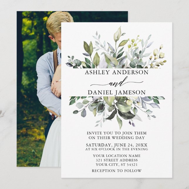 Wedding Watercolor Botanical Greenery Photo Invitation (Front/Back)