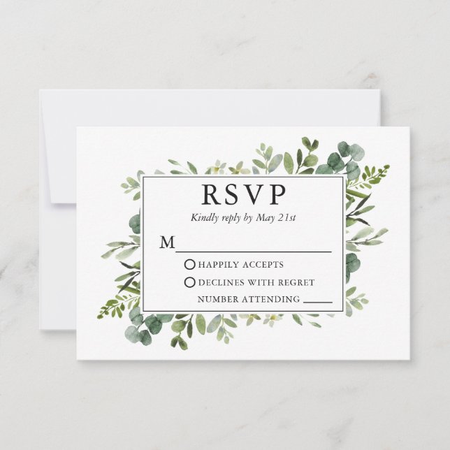 Wedding Watercolor Botanical Greenery  RSVP Card (Front)