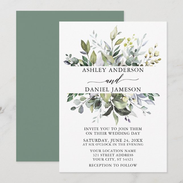 Wedding Watercolor Botanical Greenery Sage Green Invitation (Front/Back)
