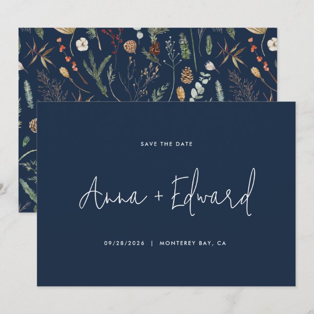  Wedding watercolor botanical navy blue modern Save The Date (Front/Back)