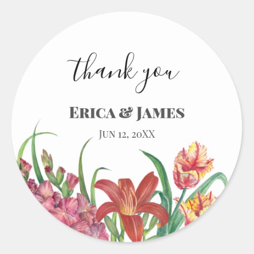 Wedding Watercolor Bright Gladioli Tulips Lily Classic Round Sticker