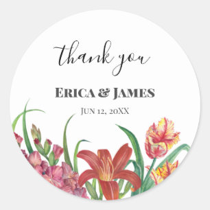 Wedding Watercolor Bright Gladioli Tulips Lily Classic Round Sticker