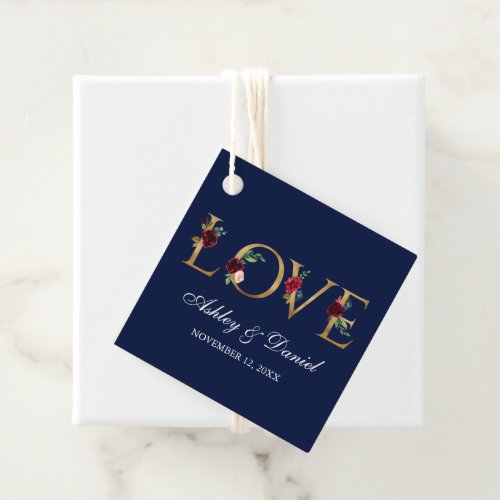 Wedding Watercolor Burgundy Blue Floral Gold Love Favor Tags