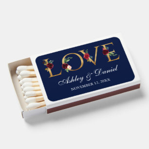 Wedding Watercolor Burgundy Blue Floral Gold Love Matchboxes