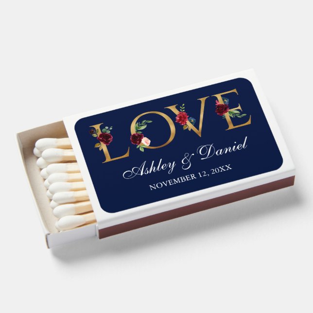 Wedding Watercolor Burgundy Blue Floral Gold Love Matchboxes (Front Open)