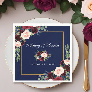 Wedding Watercolor Burgundy Blue Floral Gold Napkins