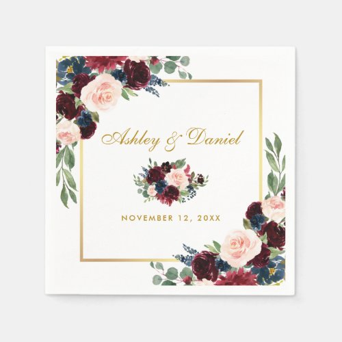 Wedding Watercolor Burgundy Blue Floral Gold White Napkins