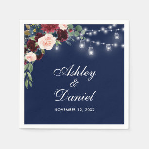 Wedding Watercolor Burgundy Blue Floral Lights Napkins