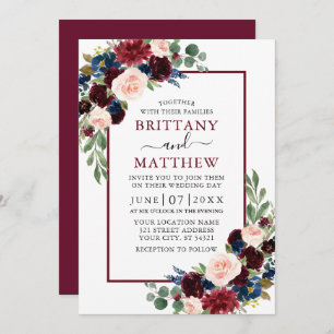 Wedding Watercolor Burgundy Blue Mixed Floral Invitation
