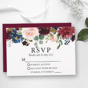 Wedding Watercolor Burgundy Blue Pink Floral RSVP  Card