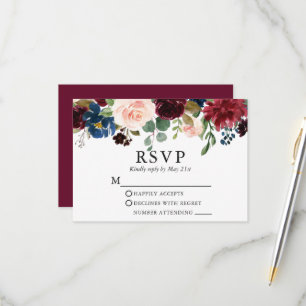 Wedding Watercolor Burgundy Blue Pink Floral RSVP  Card