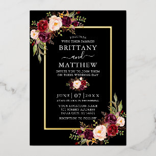 Wedding Watercolor Burgundy Floral Black Gold Foil Invitation