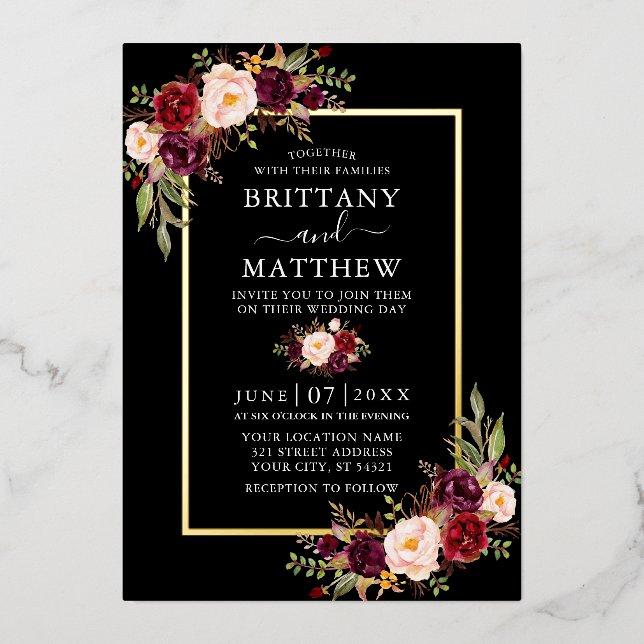 Wedding Watercolor Burgundy Floral Black Gold Foil Invitation (Front)