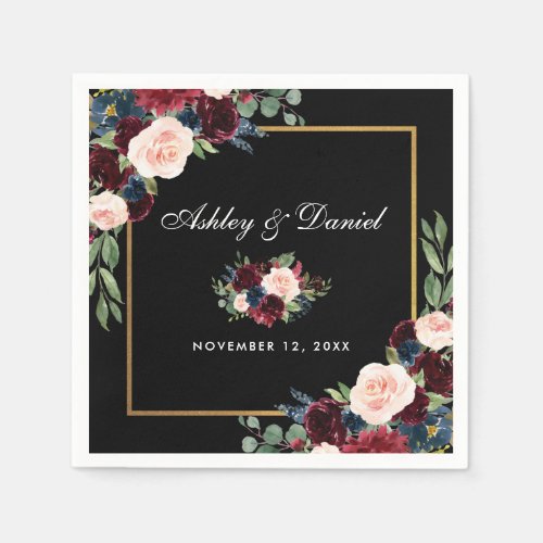 Wedding Watercolor Burgundy Floral Black Gold Napkins