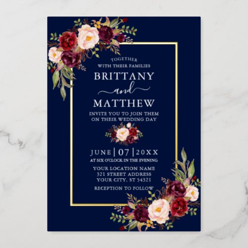 Wedding Watercolor Burgundy Floral Blue Gold Foil Invitation