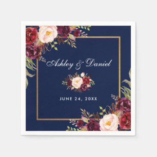 Wedding Watercolor Burgundy Floral Blue Napkins