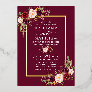 Wedding Watercolor Burgundy Floral Gold Foil Invitation