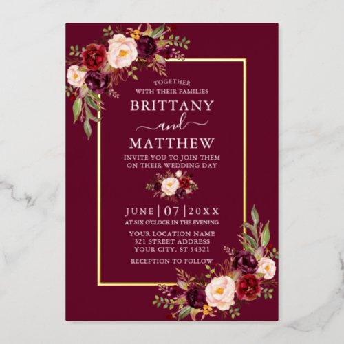 Wedding Watercolor Burgundy Floral Gold Foil Invitation