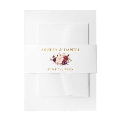 Wedding Watercolor Burgundy Floral Gold Invitation Belly Band