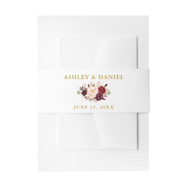 Wedding Watercolor Burgundy Floral Gold Invitation Belly Band (Front Example)
