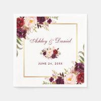 Wedding Watercolor Burgundy Floral Gold Napkin