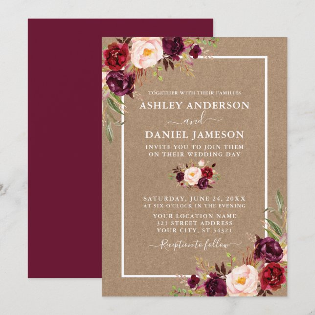 Wedding Watercolor Burgundy Floral Kraft Invitation (Front/Back)