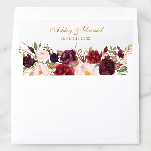 Wedding Watercolor Burgundy Floral Names Date Gold Envelope Liner