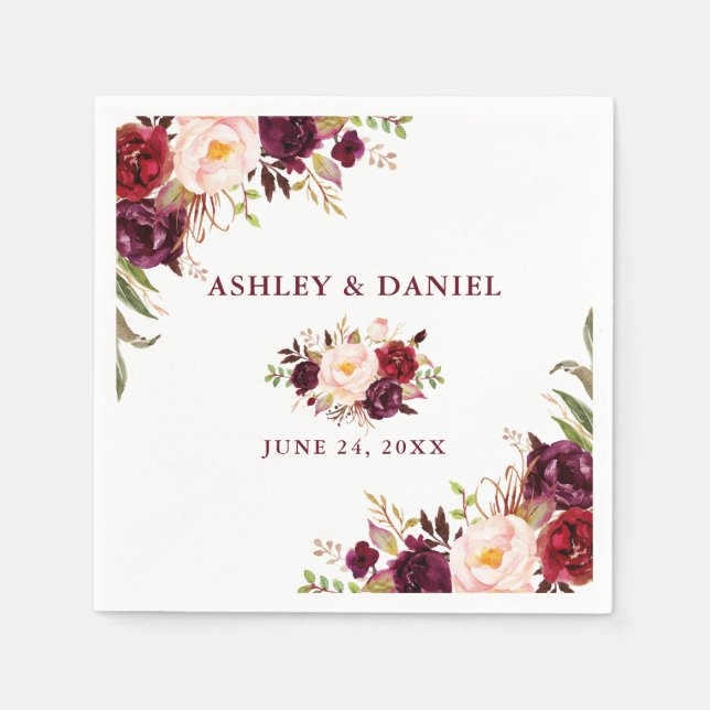 Wedding Watercolor Burgundy Floral Napkins (Front)