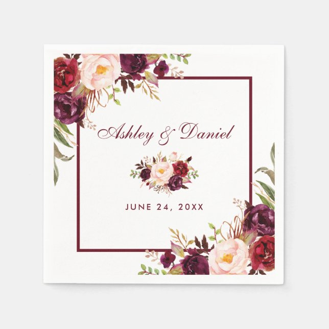 Wedding Watercolor Burgundy Floral Napkins (Front)