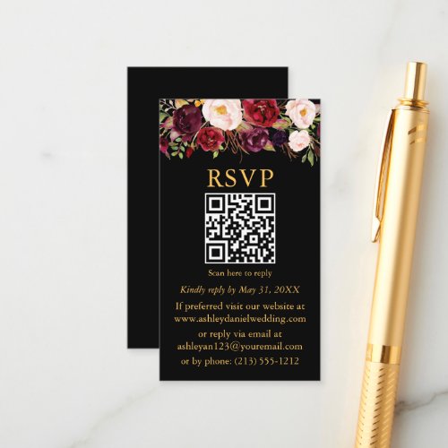 Wedding Watercolor Burgundy Floral QR RSVP Black Enclosure Card