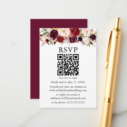 Wedding Watercolor Burgundy Floral QR RSVP Enclosure Card