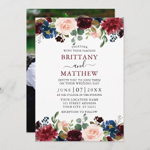 Wedding Watercolor Burgundy Mixed Floral Photo Invitation