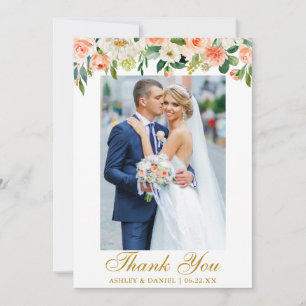 Wedding Watercolor Coral Floral Photo Gold Thank You Card