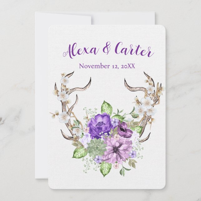 Wedding Watercolor Deer Antler Bouquet Invitation (Front)