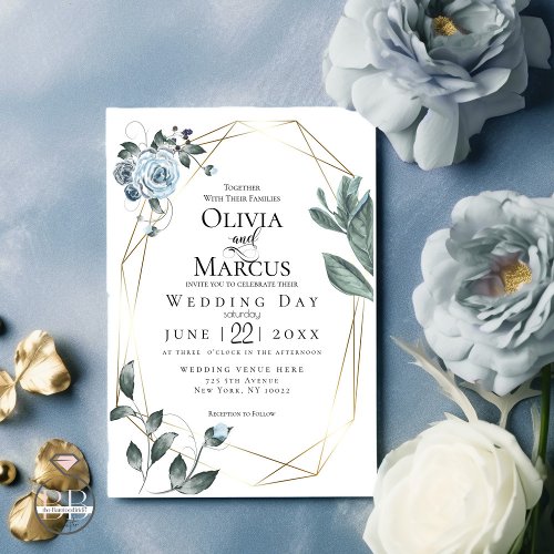 WEDDING  Watercolor Dusty Blue Floral Invitation