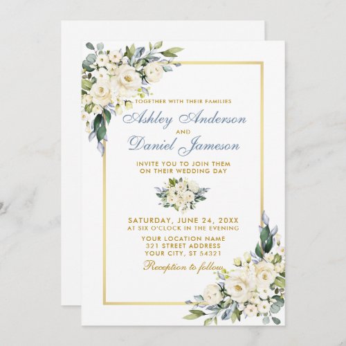Wedding Watercolor Dusty Blue White Floral Photo Invitation