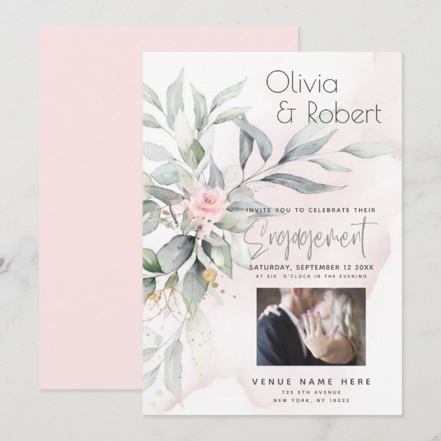 Wedding | Watercolor Eucalyptus Leaves Pink Rose Invitation (Front/Back)