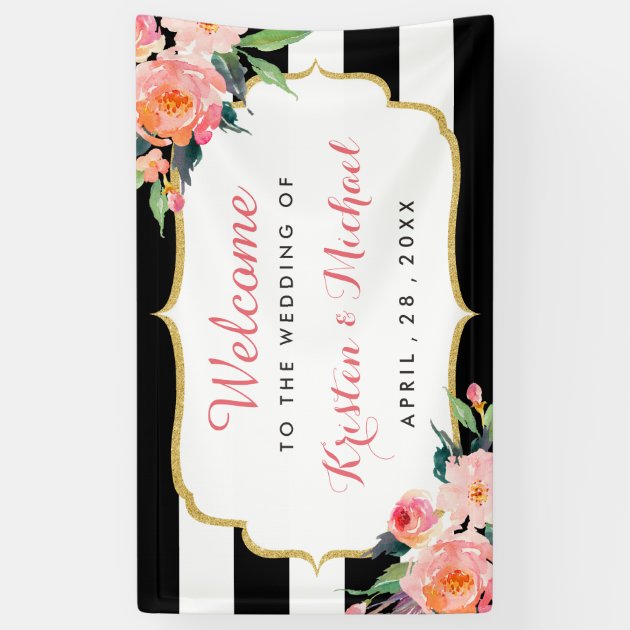 Wedding Watercolor Floral Black White Stripes Banner