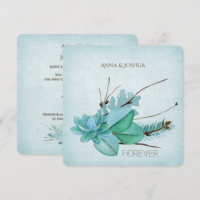 wedding watercolor floral bouquet with twigs invitation (Front/Back)