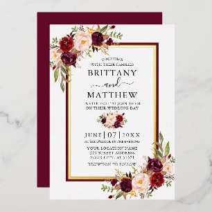 Wedding Watercolor Floral Burgundy and Gold Foil Invitation