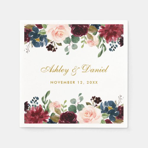 Wedding Watercolor Floral Burgundy Blue Gold Napkins