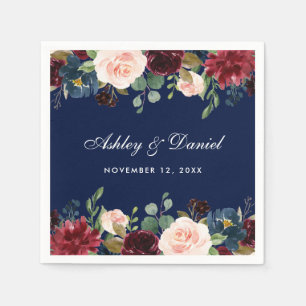 Wedding Watercolor Floral Burgundy Blue Napkins