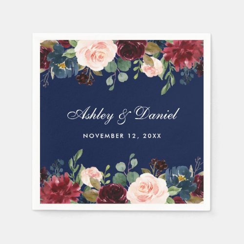 Wedding Watercolor Floral Burgundy Blue Napkins