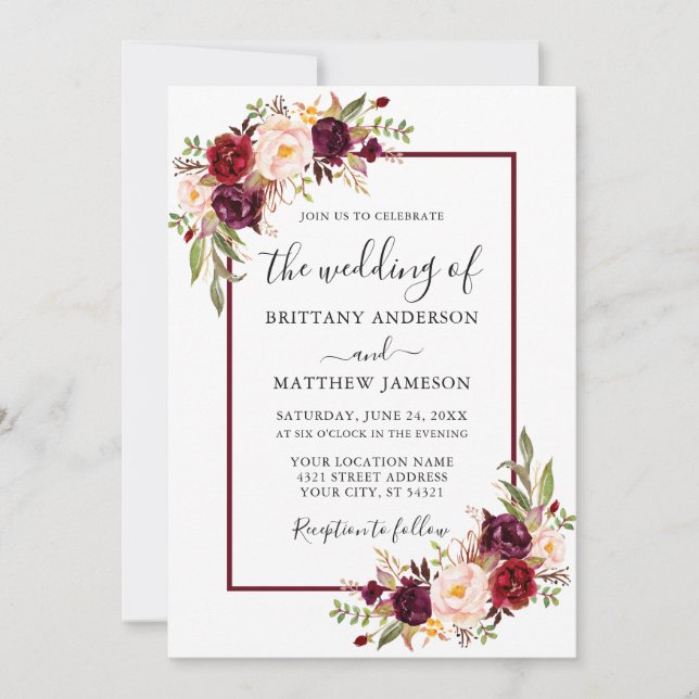 Wedding Watercolor Floral Burgundy Frame Invitation (Front)