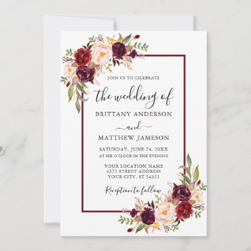 Wedding Watercolor Floral Burgundy Frame Invitation