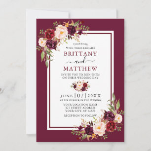 Wedding Watercolor Floral Burgundy Frame Invitation